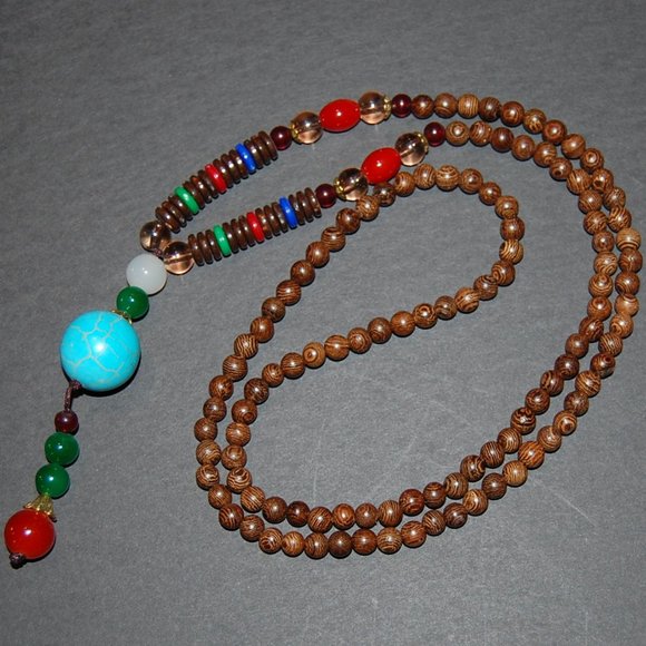 Yoga Nacklace,Wood Necklce,Yoga Wooden Necklace,Tibetan Necklace,Wood,Gemstone - Picture 1 of 2